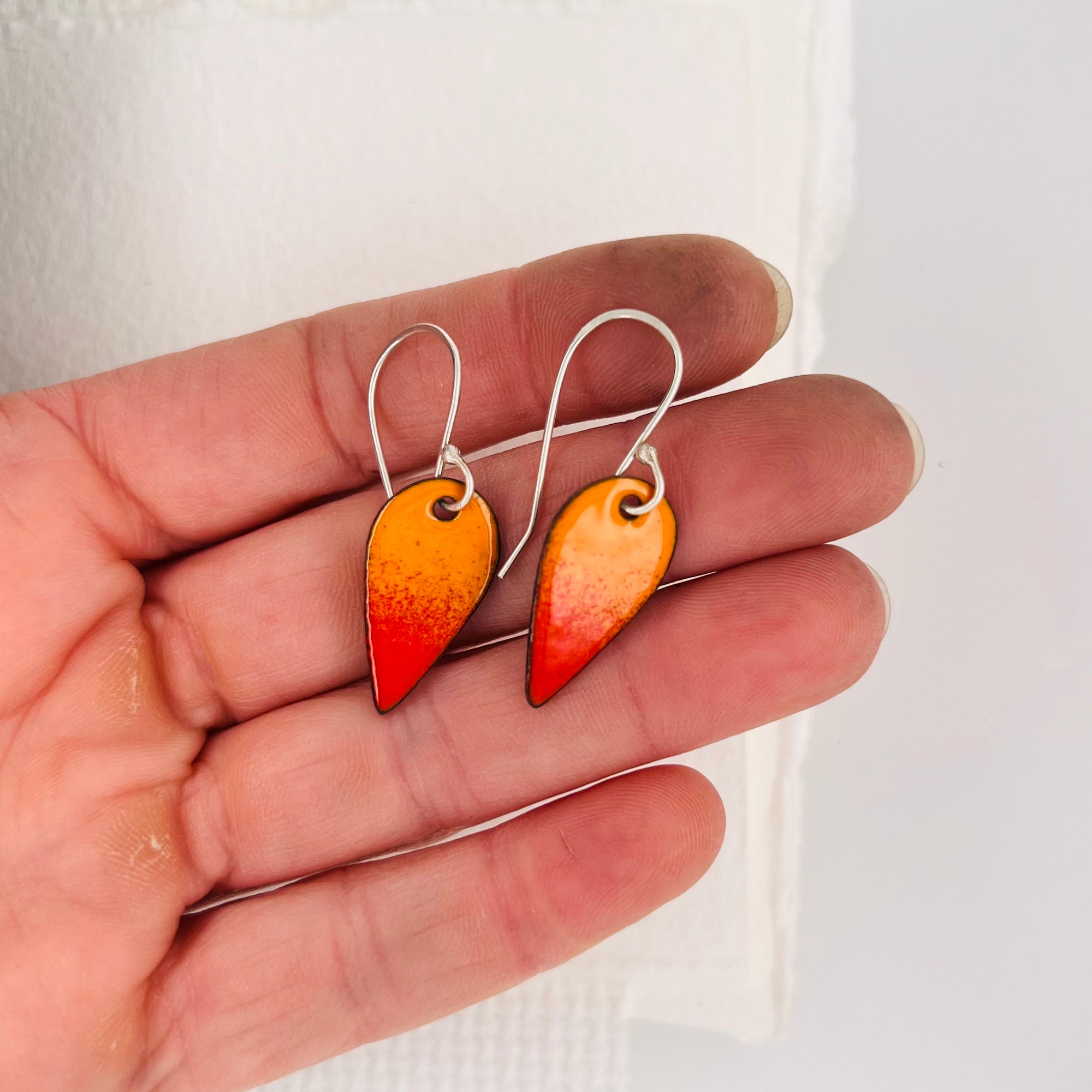 Teardrop Red and Orange Enamel Earrings