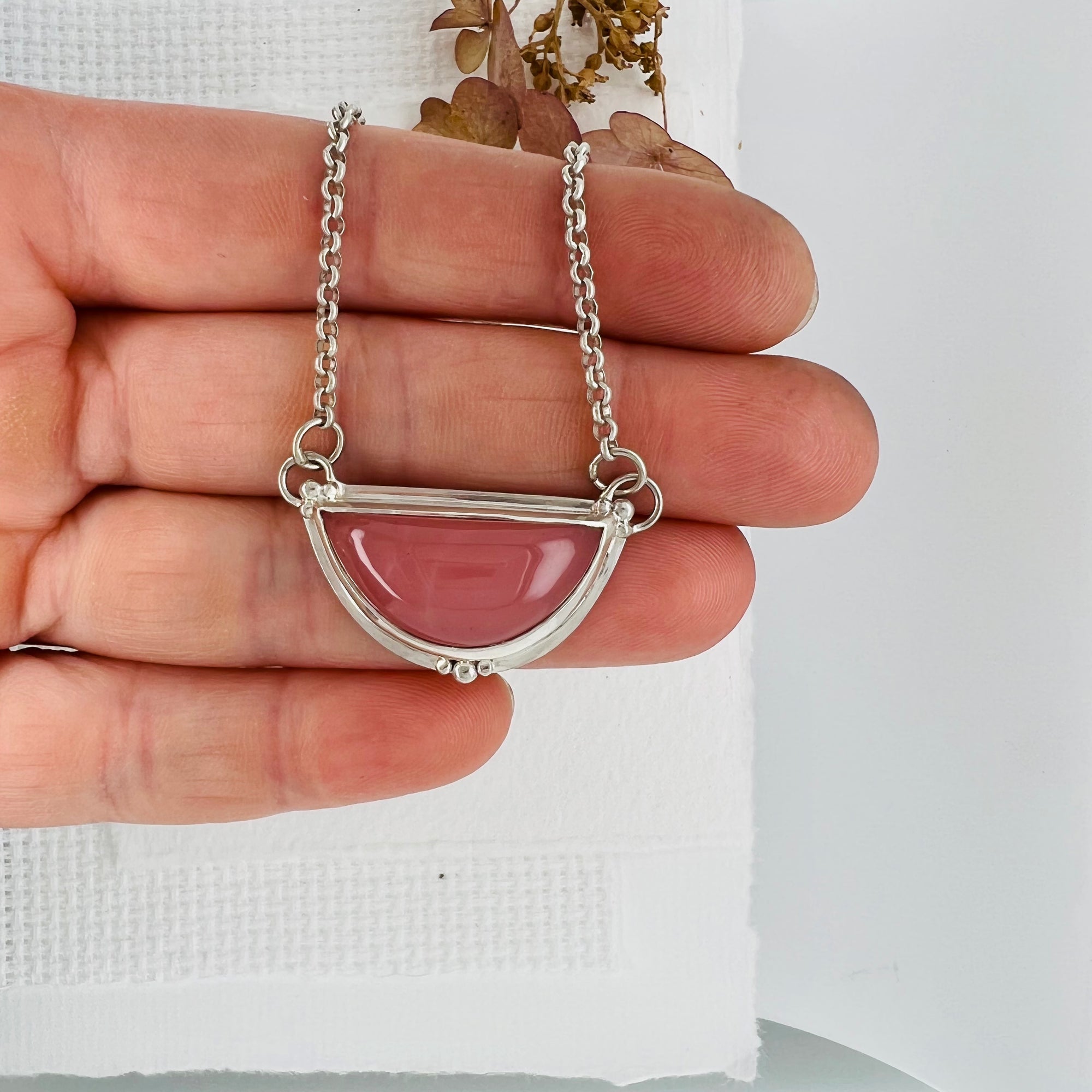 Guava Quartz Half Moon Necklace