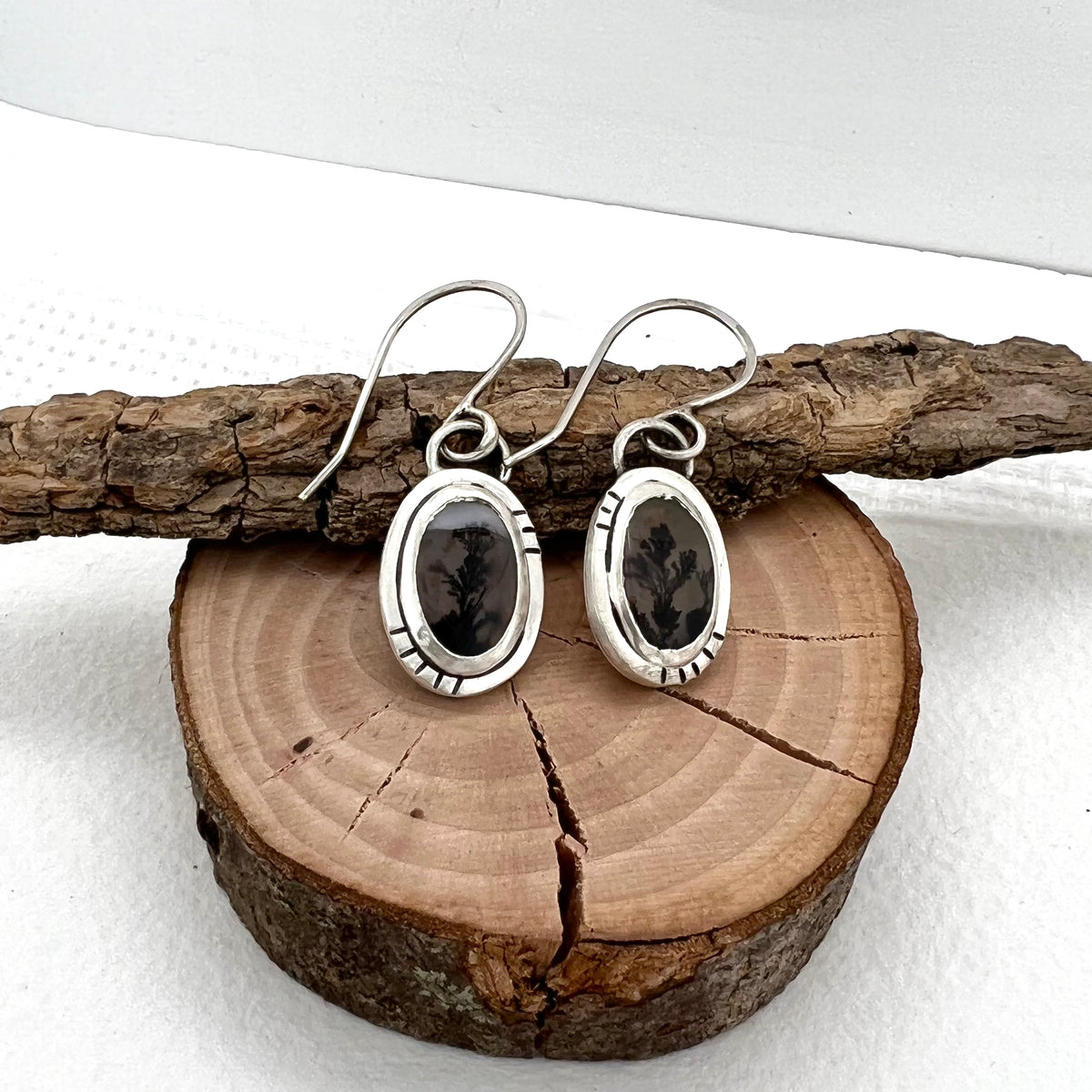 Oval “Tiny Branches” Dendritic Agate Earrings